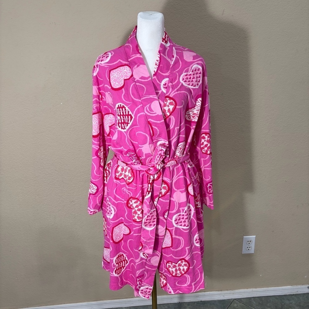 Pajamagram Hers Pink Red Heart Robe Waist Tie Pockets Long Sleeve Sz S/M Cozy